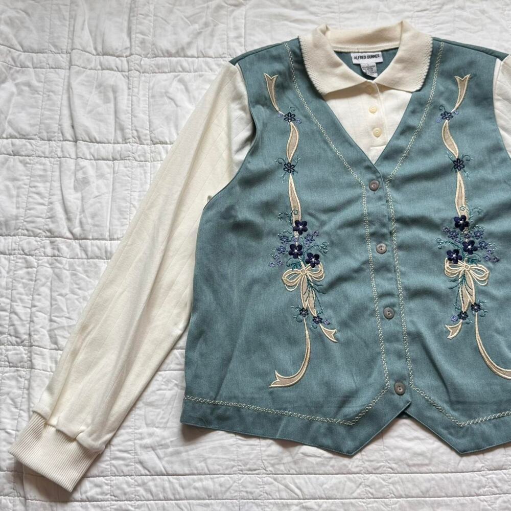 Alfred dunner Vintage embroidered vest shirt set floral ribbon bow sz L grandma‎